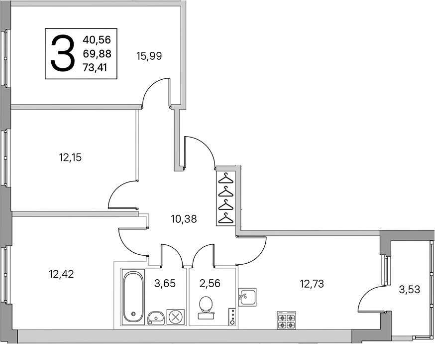 3-комнатная квартира 71.65 м², 1/4 эт., ЖК «Любоград в Стрельне»